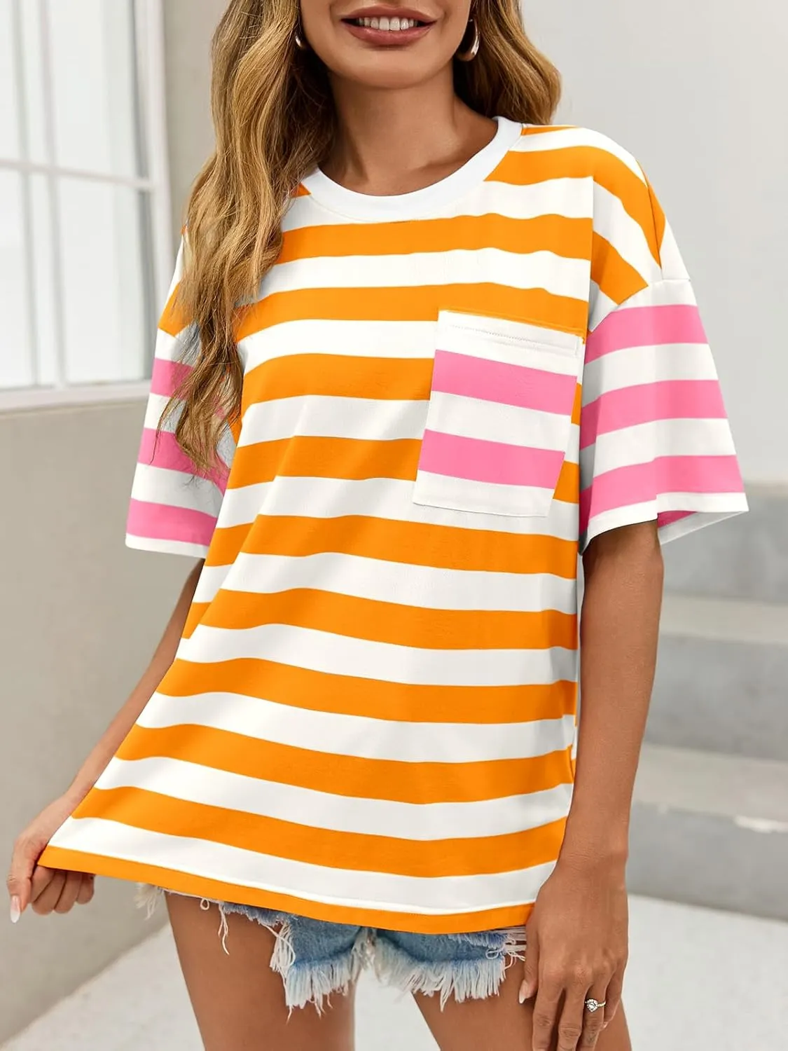 Womens Oversized Color Block Striped Tshirts Summer Casual Short Sleeve Tops Loose Fit Crew Neck Shirts